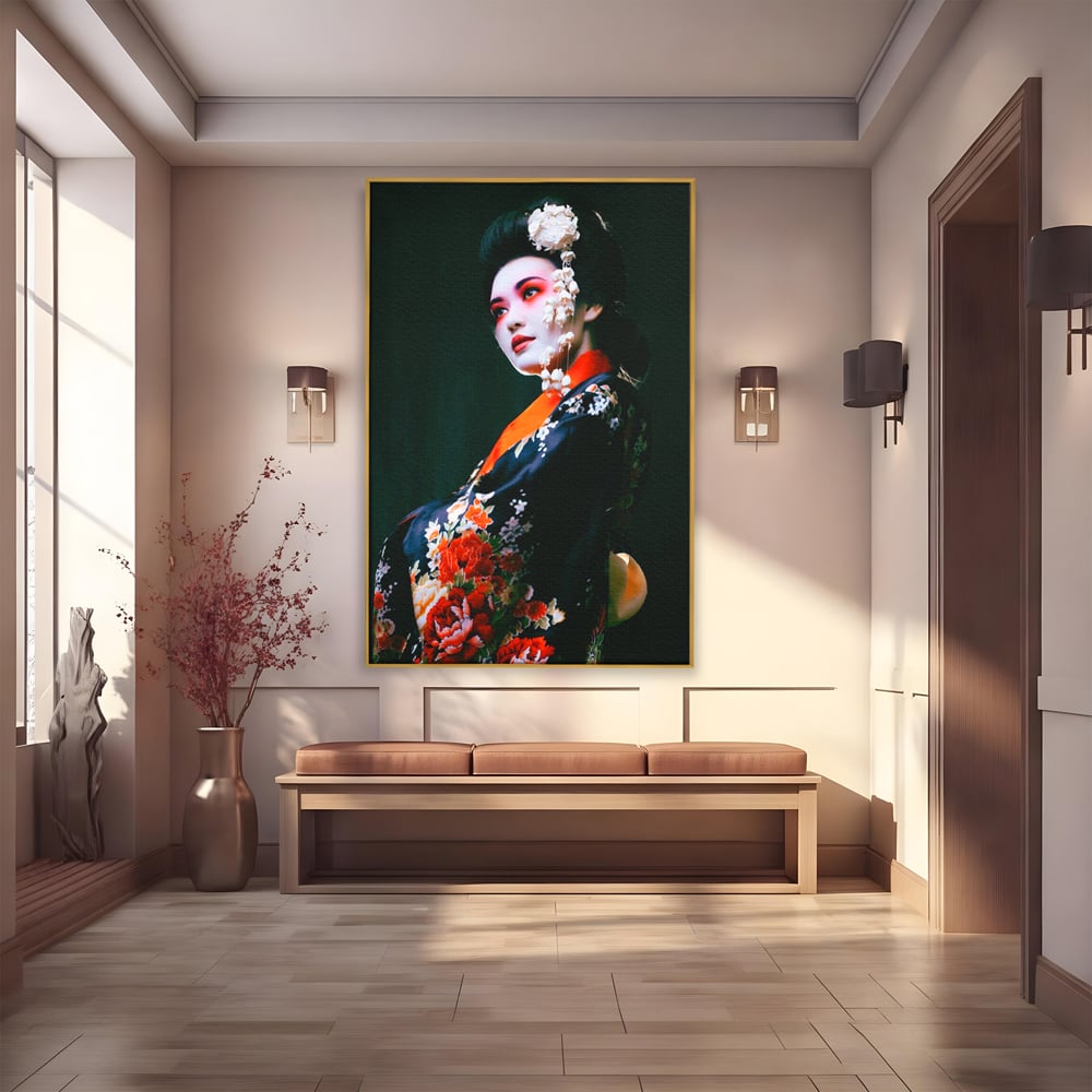 Tablou canvas cu tablou portret gheisa japoneza, in rama de aluminiu auriu